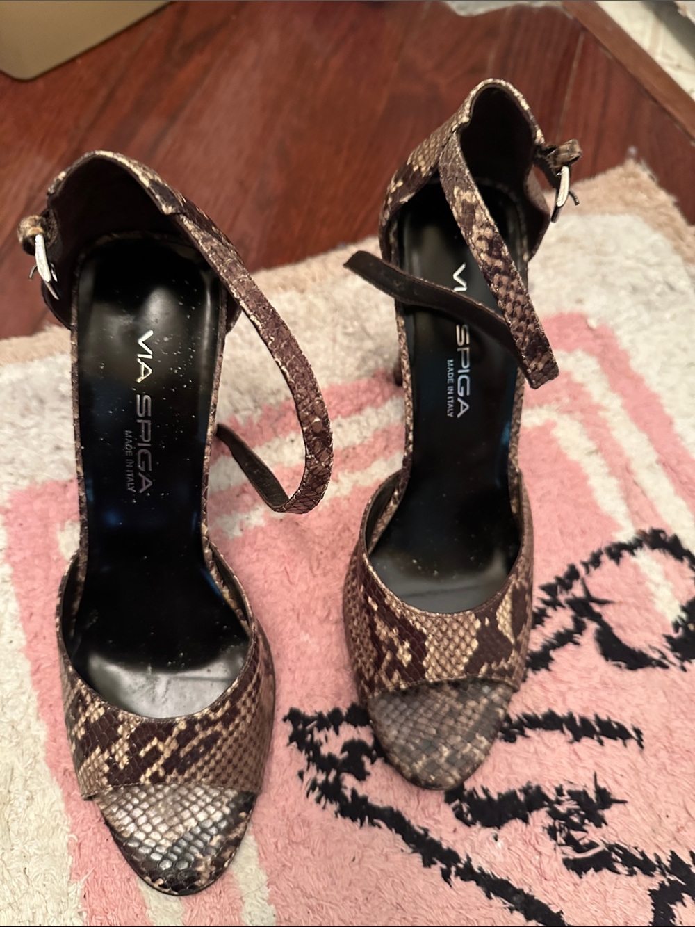 Via Spiga Brown Snake-Print Ankle Strap Heels